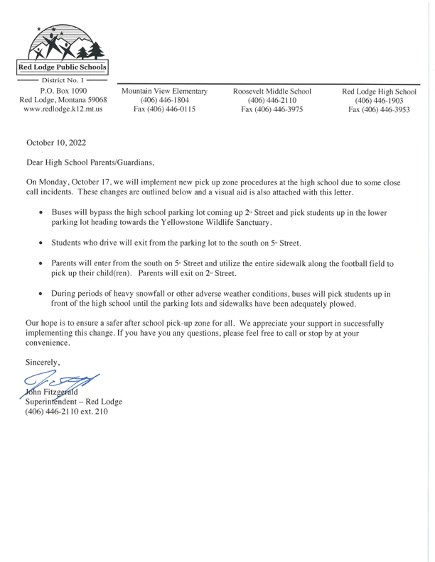 Letter about new pick up zones
